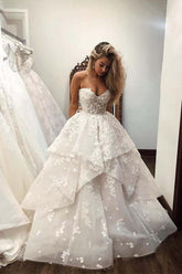 Ivory Tulle Ball Gown Strapless Sweetheart Wedding Dresses With Flowers